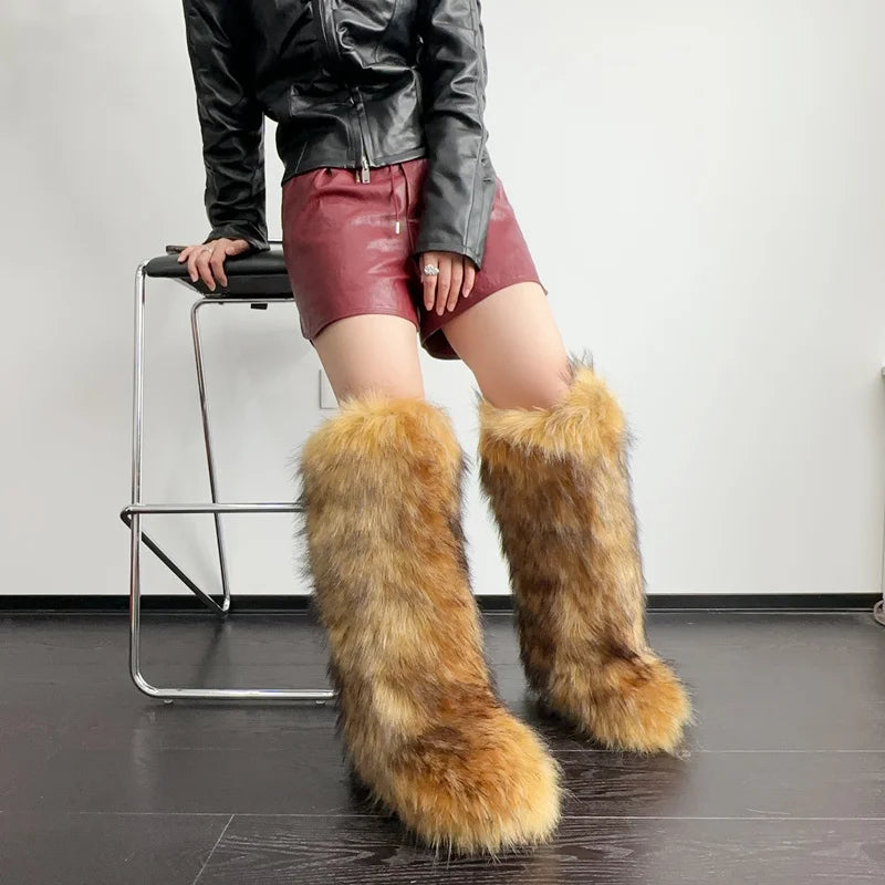 Womens Knee High Mid-Calf Fuzzy Faux Fur Boots - Soft, Warm, and Comfortable Slip-on Design with Flat Heel, Round Toe
