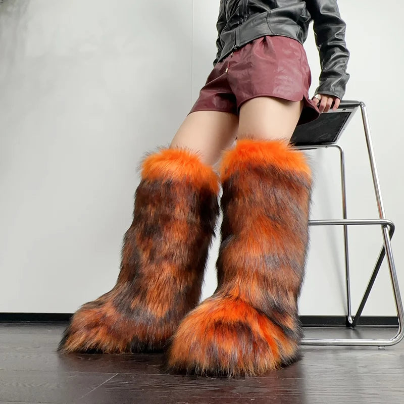 Womens Knee High Mid-Calf Fuzzy Faux Fur Boots - Soft, Warm, and Comfortable Slip-on Design with Flat Heel, Round Toe